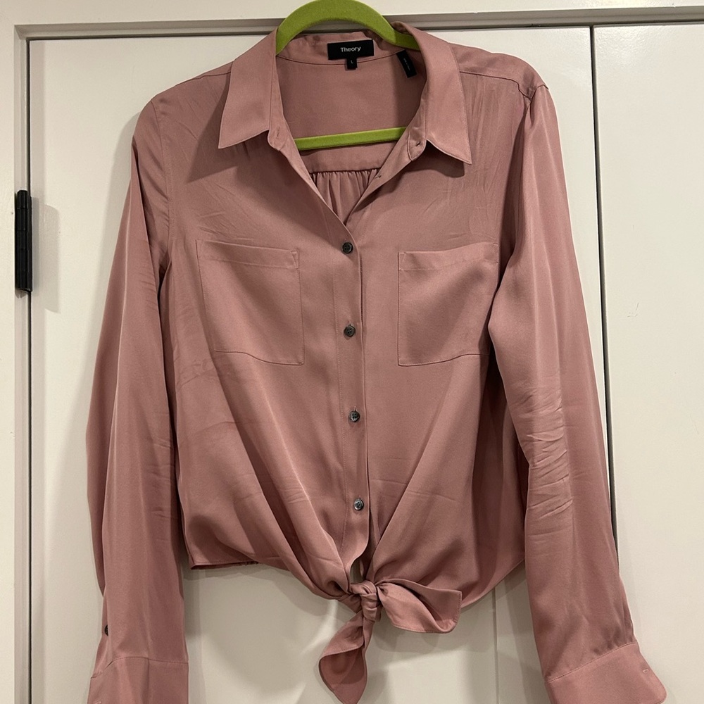 Theory Dusty Rose Satin Tie-Back Blouse